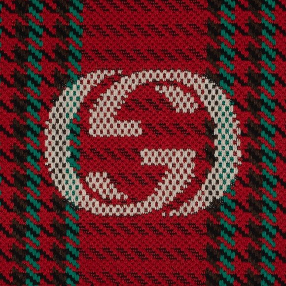 Gucci Interlocking GG Logo Red & Green Houndstooth Wool Tassel Scarf - Picture 4 of 12
